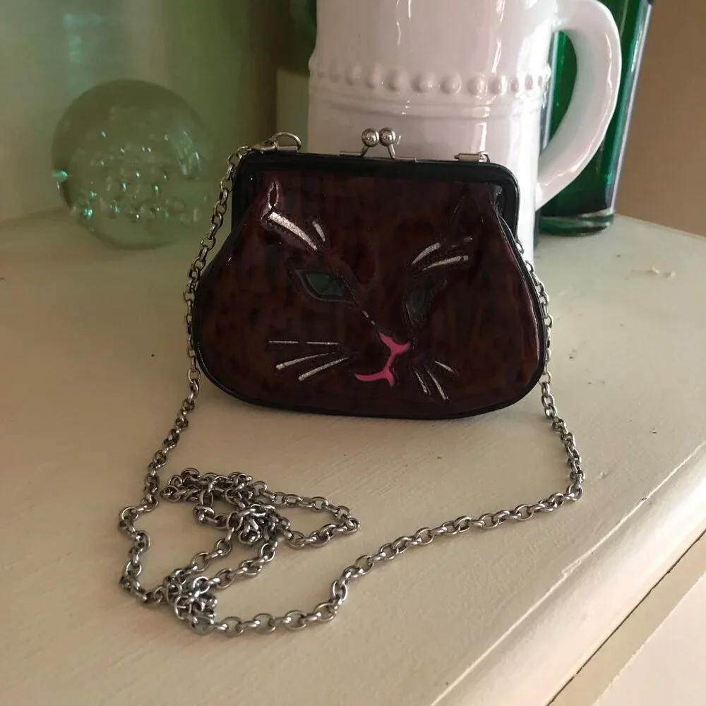 Brighton Cat Kisslock Coin Handbag Patent Small Leopard Print Purse - Picture 3 of 12